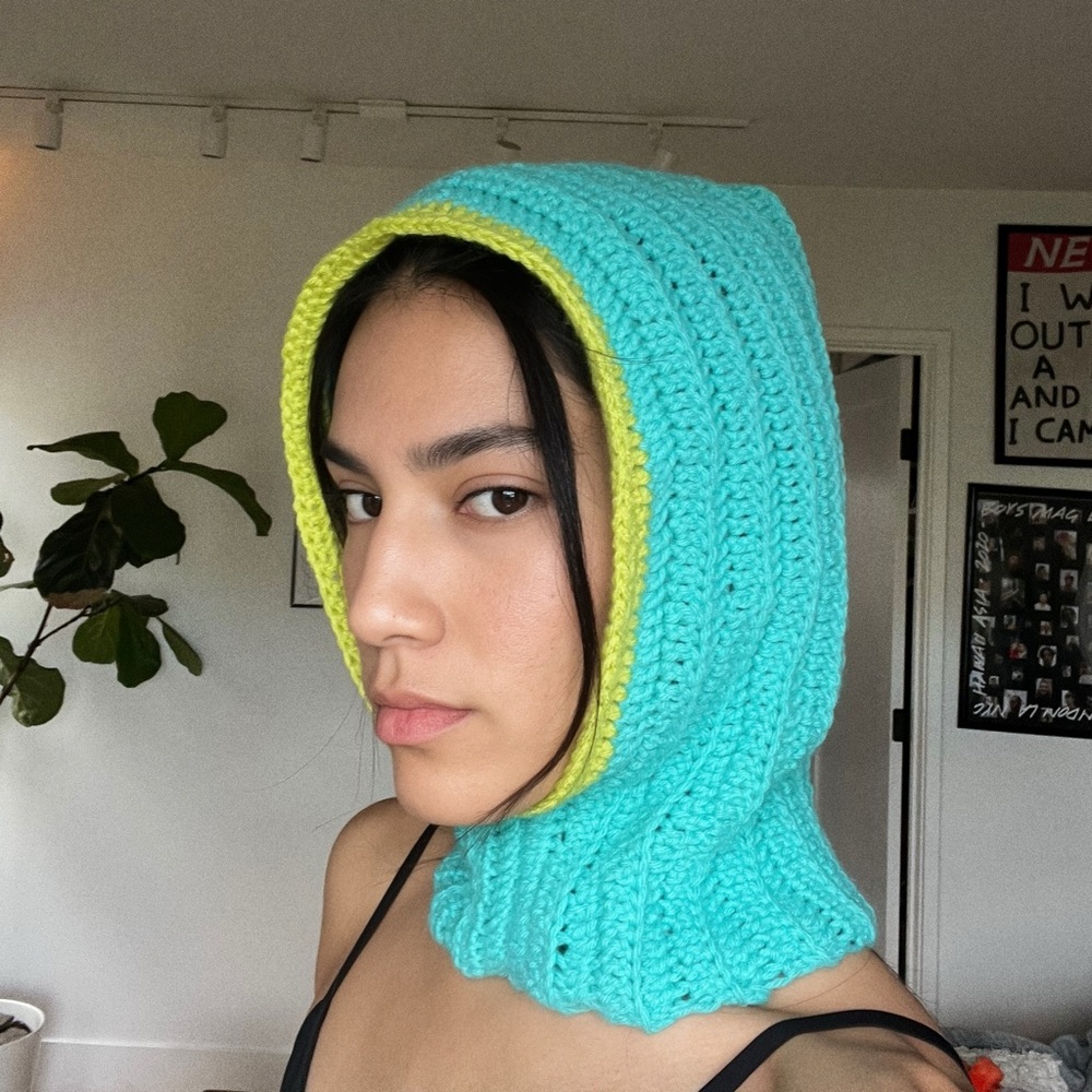 Crochet hood blue & green handmade